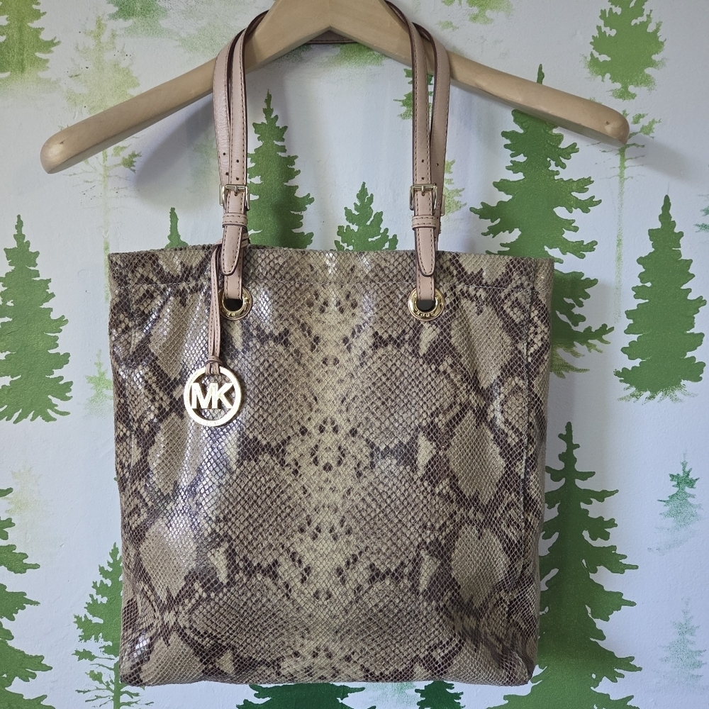 Michael Kors Beige Snake-Print Embossed Leather Tote Bag